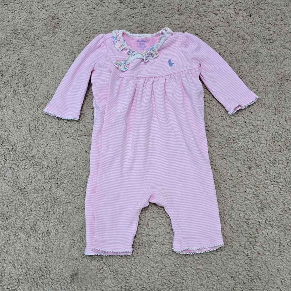 Baby Polo Ralph Lauren Pink Coverall Romper & Blue Ruffle Dress Size 3 Month - Picture 2 of 5